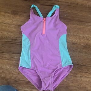 Cat & Jack Pink and Aqua One-Piece Swimsuit with Coral Zip